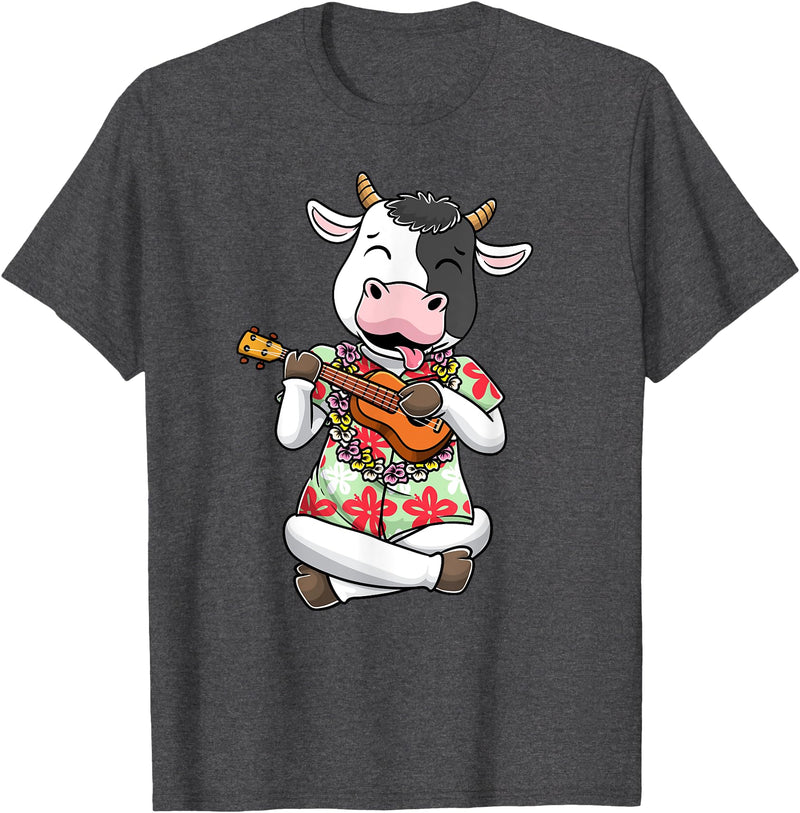 Luvhawaiiantha Cow With Ukulele Hawaiian Hawaii Summer Luau Aloha Farmer Men Women Kids T-Shirt - Dark Heather Grey