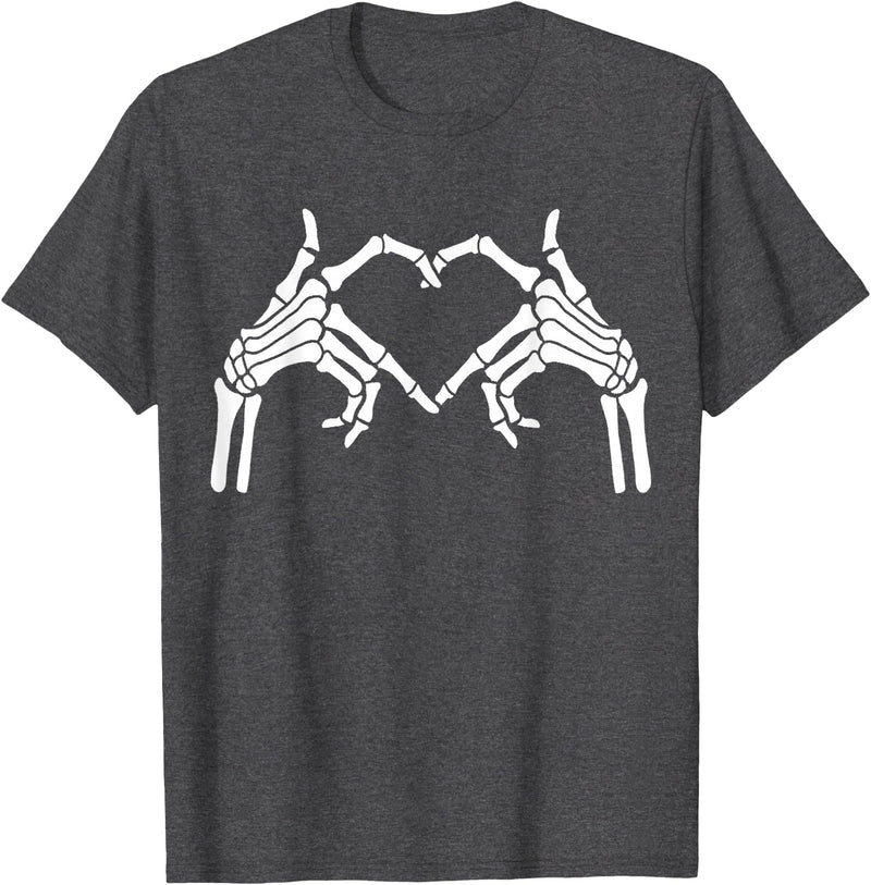 Skeleton Hand Halloween Trendy Novelty Graphic Art Skeleton Hands Heart Sign Halloween Tops T-Shirt - Dark Heather Grey