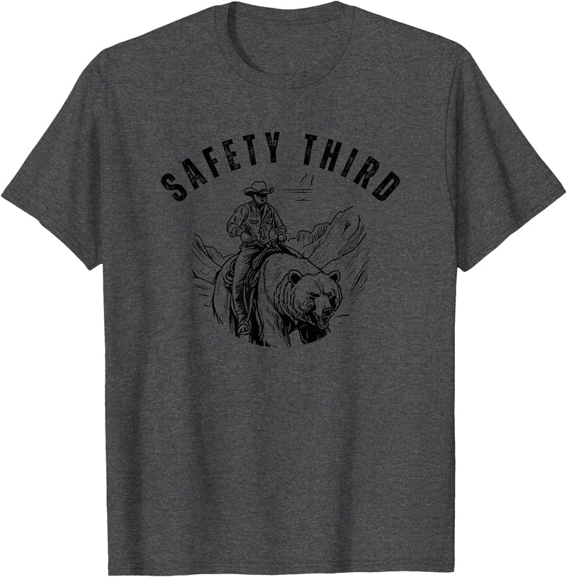Exteevaganza Safety Third Cowboy Riding Bear Humorous Graphic T-Shirt - Dark Heather Grey