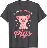 Cute Pig Designs Easily Distracted By Pigs Hog Lover Cute Farmer T-Shirt - Dark Heather Grey