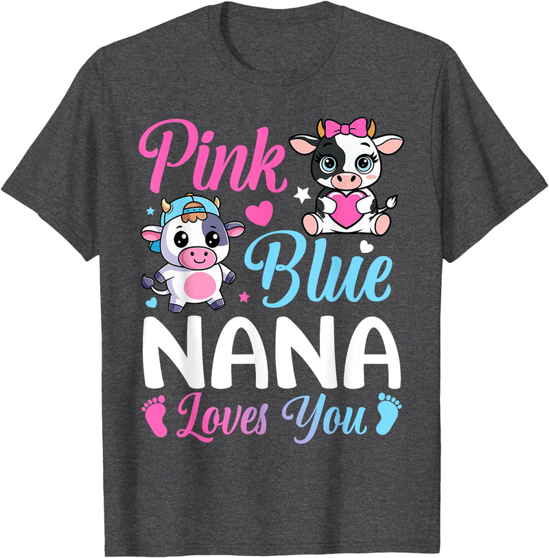 Cow Baby Shower Announcement Family Matching Tees Pink Or Blue Nana Loves You Cow Gender Reveal Family T-Shirt - Dark