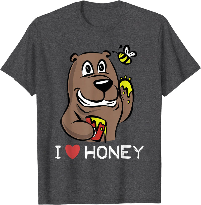 Honey Comb Tees I Love Honey T-shirt Bear and Bee Eating - Dark Heather Grey