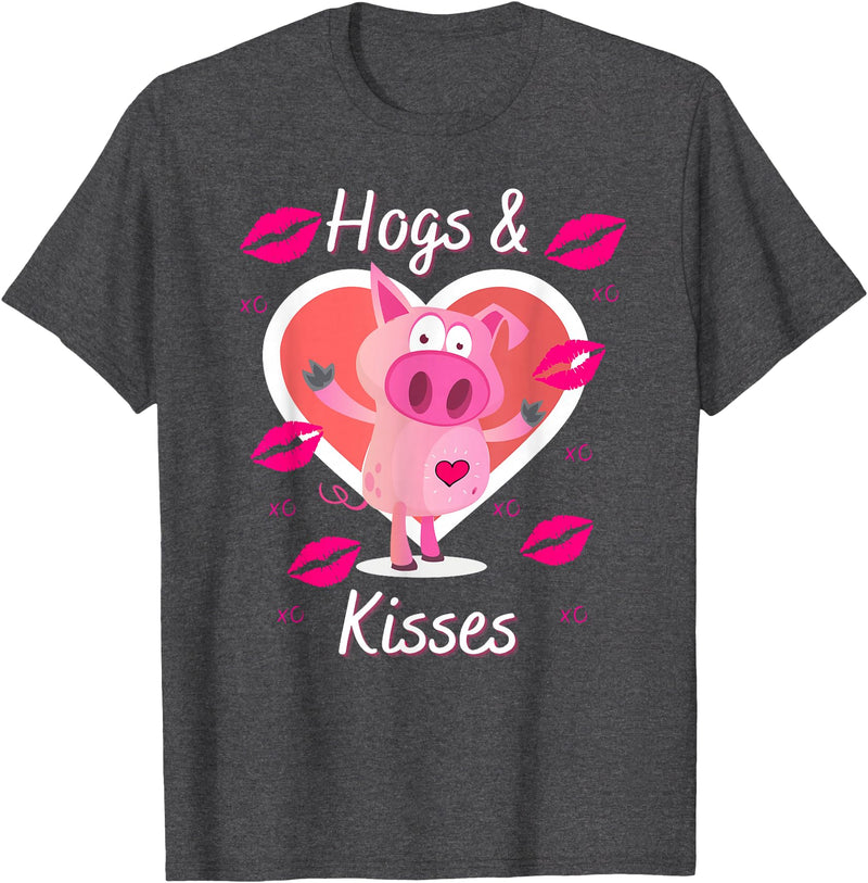 Love Heart Hogs & Kisses Funny Pig Pun on Hugs & Kisses T-Shirt - Dark Heather Grey