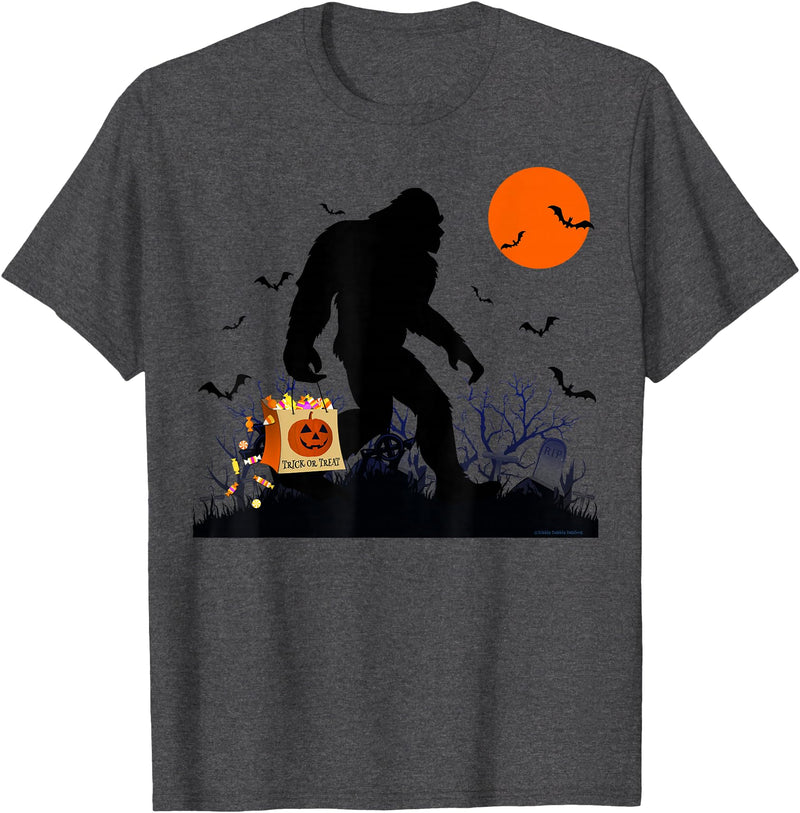 Dibble Dabble Designs Halloween Funny Halloween Bigfoot Trick or Treating - Bigfoot T-Shirt - Dark Heather Grey