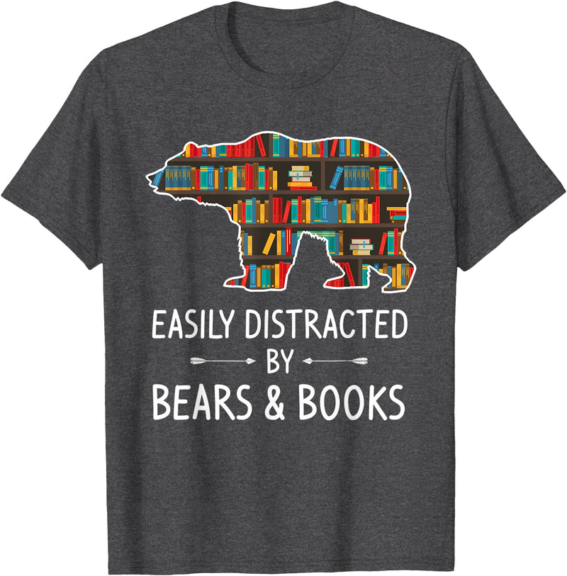 Cool Wild Bear Animal Funny Hunting Gift Designs Easily Distracted By Bears & Books Lover Gift Mammal Animal T-Shirt - Dark Heather Grey