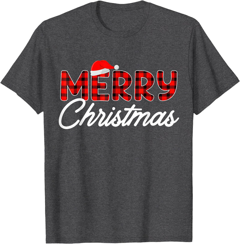 Merry Christmas Buffalo t -shir t Merry Christmas Buffalo Plaid Red Santa Hat Xmas Pajamas T-Shirt - Dark Heather Grey