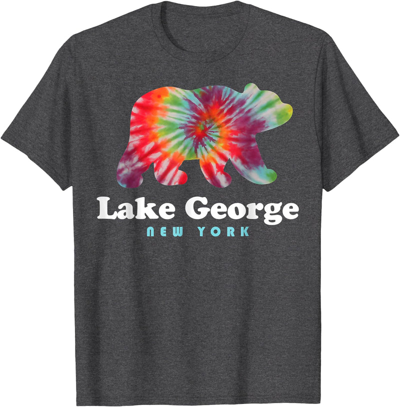 Lake George NY Bear Tie Dye New York Vacation T-Shirt - Dark Heather Grey