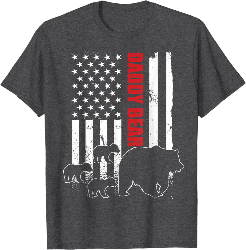 Vintage Gift for proud Dad of three Kids 4th July Daddy Bear with 3 cubs American Flag Daddy Bear Triplets T-Shirt - Dark Heather Grey