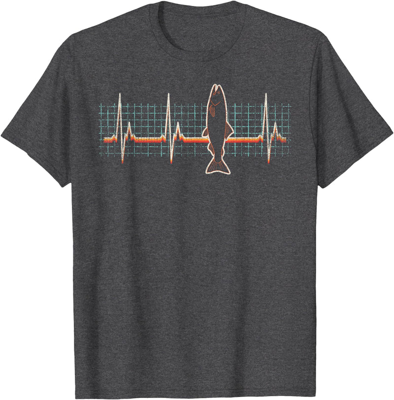 Salmon Fishing Heartbeat Retro Vintage 80s Gift Salmon Fish Retro Heartbeat Vintage 80s Style Gift T-Shirt - Dark Heather Grey