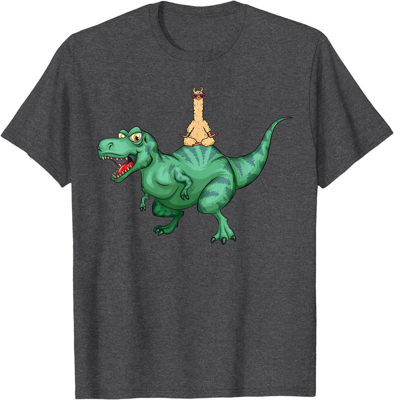 cute funny Llama Gifts and more Alpaca Llama riding Dinosaur T-Rex T-Shirt - Dark Heather Grey