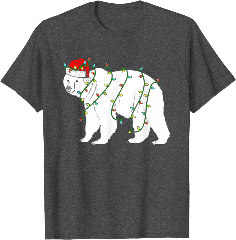 Funny Christmas Polar Bear Holiday Gifts Polar Bear Christmas Santa Hat Lights Xmas Gifts T-Shirt - Dark Heather Grey