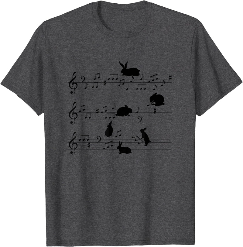 Cute Bunny Rabbit Playing Music Notes Musician T-Shirt in Dark Heather Grey