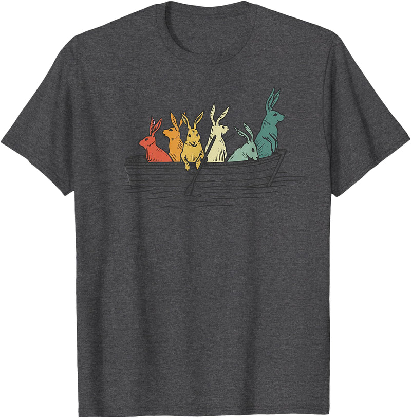 Pretty Rabbits in Retro Colors in a Boat - Bunny Rabbit T-Shirt in Dark Heather Grey