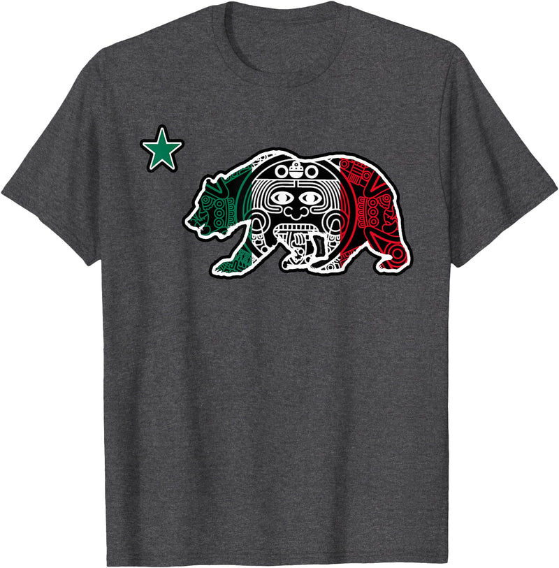 California Aztec Apparel Co California Republic Bear Aztec Calendar Mexico Mexican Flag T-Shirt - Dark Heather Grey