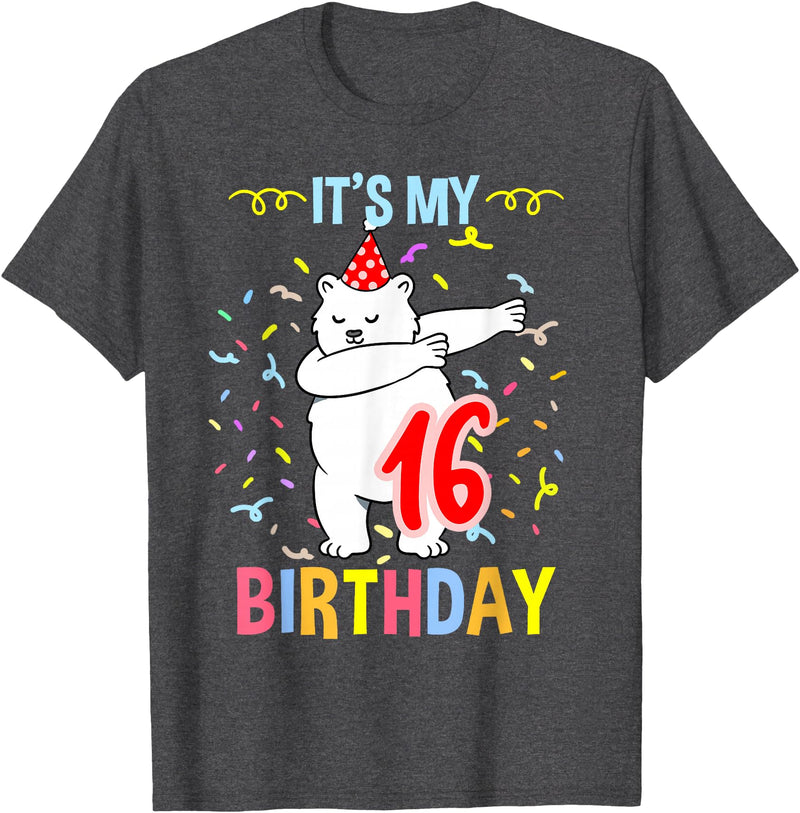 Hiking Lover Design Its My 16th Birthday Dabbing Polar Bear T-Shirt - Dark Heather Grey