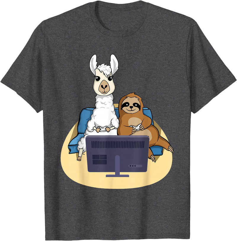 Funny Llama Shirts Sloth And Llama Gamer - Zookeeper Zoo Animal Lovers T-Shirt - Dark Heather Grey