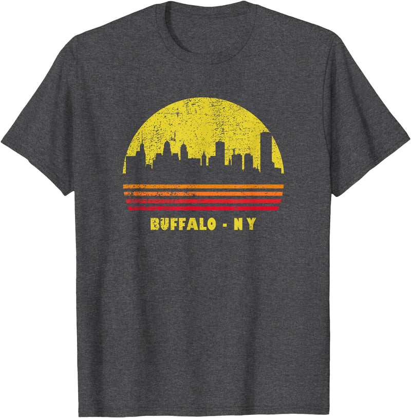 Wowsome! Vintage Retro Sunset Buffalo NY Skyline T-Shirt - Dark Heather Grey