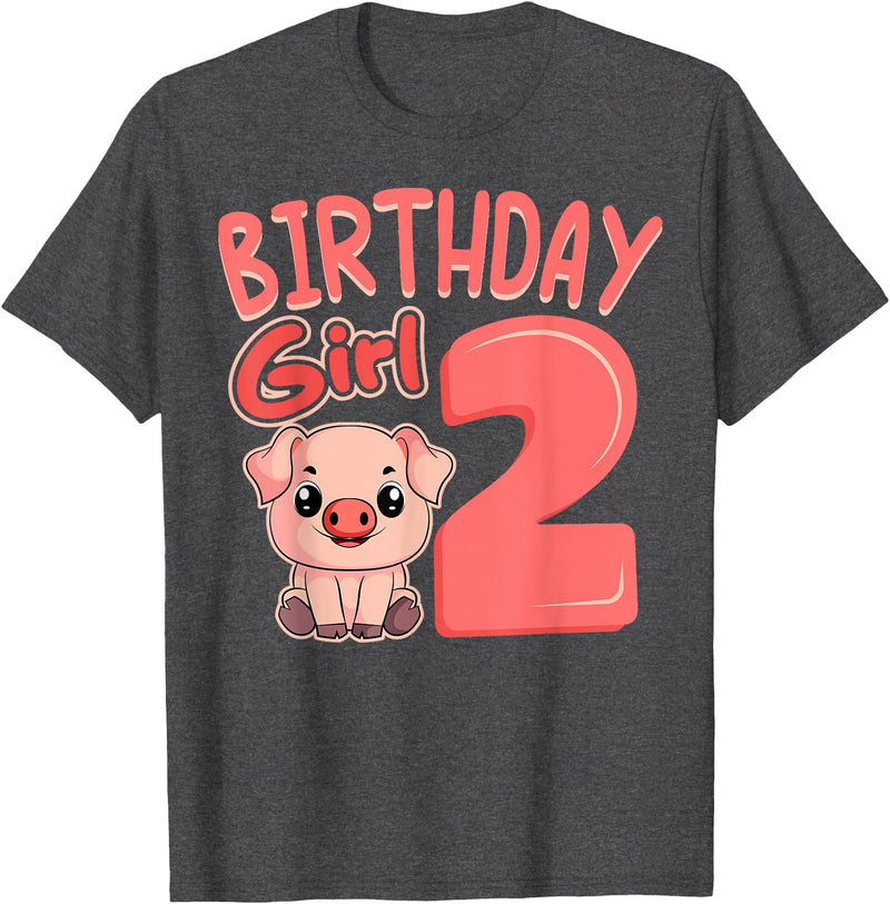 Pig Birthday 2 Cute Girl Farm Party Apparel Pig 2nd Birthday Girl Party Oink Farm Hog Farmyard Piggy T-Shirt - Dark Heather Grey