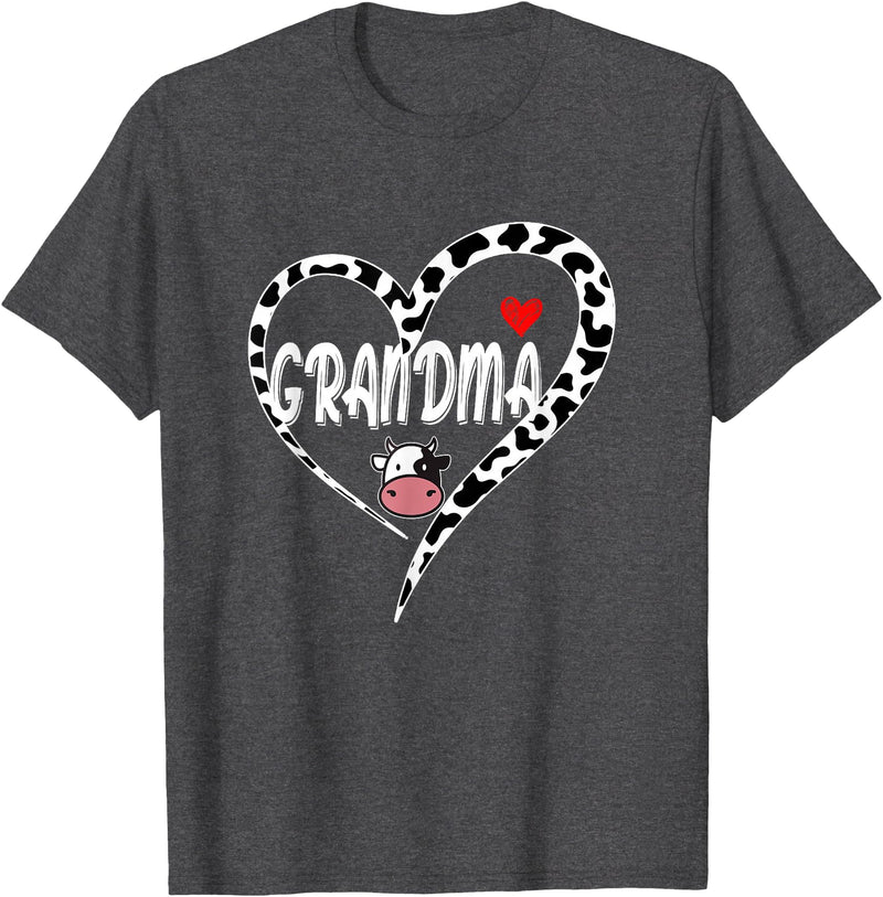 Black White Family Cow Farm Grandma Cow Print Cow Heart Pattern Farmer Cows Mother's Day T-Shirt - Dark Heather Grey