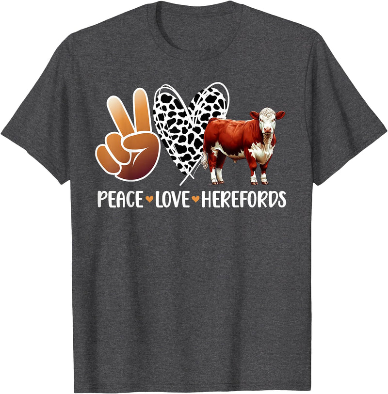 Cute Hereford Cattle Hereford Cow Boy Peace Love Hereford Cow Lover Hereford Cow Girl T-Shirt - Dark Heather Grey