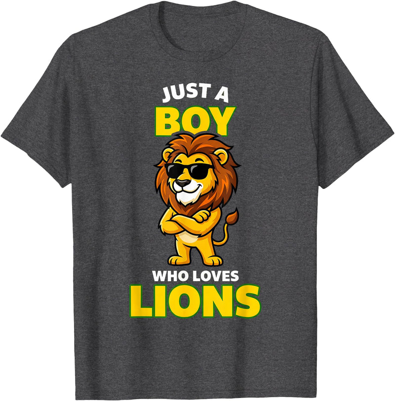 Lion King of the Jungle Safari Wildlife Zoo Gifts Cool Lion in Sunglasses Just A Boy Who Loves Lions T-Shirt - Dark Heather Grey