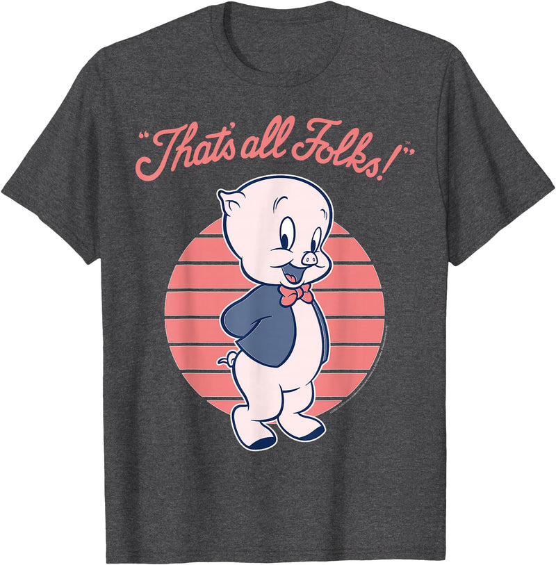 Looney Tunes Porky Pig That's All Folks Lined Portrait T-Shirt - Dark Heather Grey