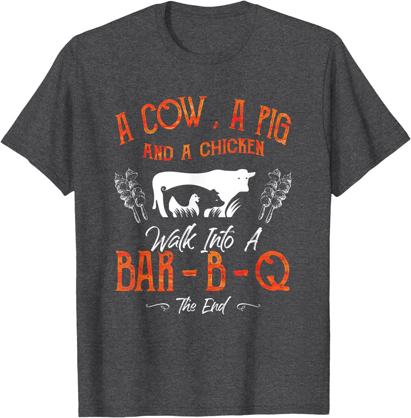 Cow Pig Chicken - Master Griller - DressedForDuty A Cow, a Pig and a Chicken Barbecue BBQ Master Griller Chef T-Shirt - Dark Heather Grey