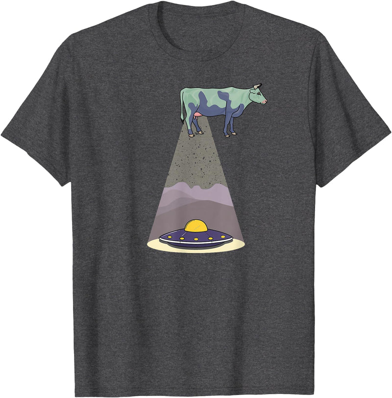 Funny Alien Abduction Cow UFO T-Shirt - Dark Heather Grey