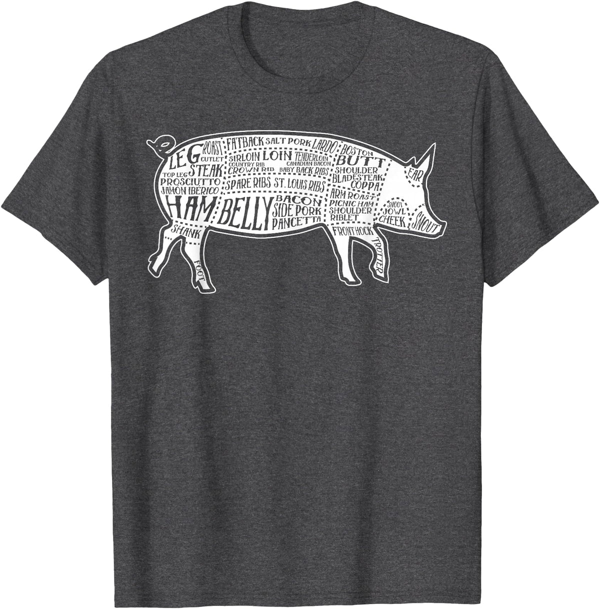 Pig Grilling Pork BBQ Bacon Lover Fun Gift Idea Lard Cuts Image Pig Parts Diagram Illustration Butcher Print T-Shirt - Dark Heather Grey