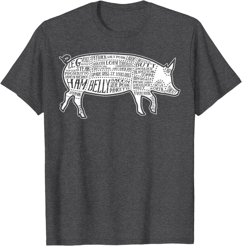 Pig Grilling Pork BBQ Bacon Lover Fun Gift Idea Lard Cuts Image Pig Parts Diagram Illustration Butcher Print T-Shirt - Dark Heather Grey
