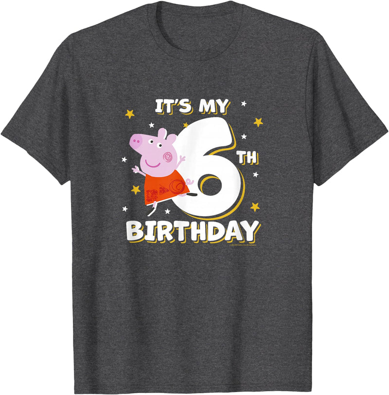 Peppa Pig It's My 6th Birthday Holiday Stars Celebration T-Shirt - Dark Heather Grey