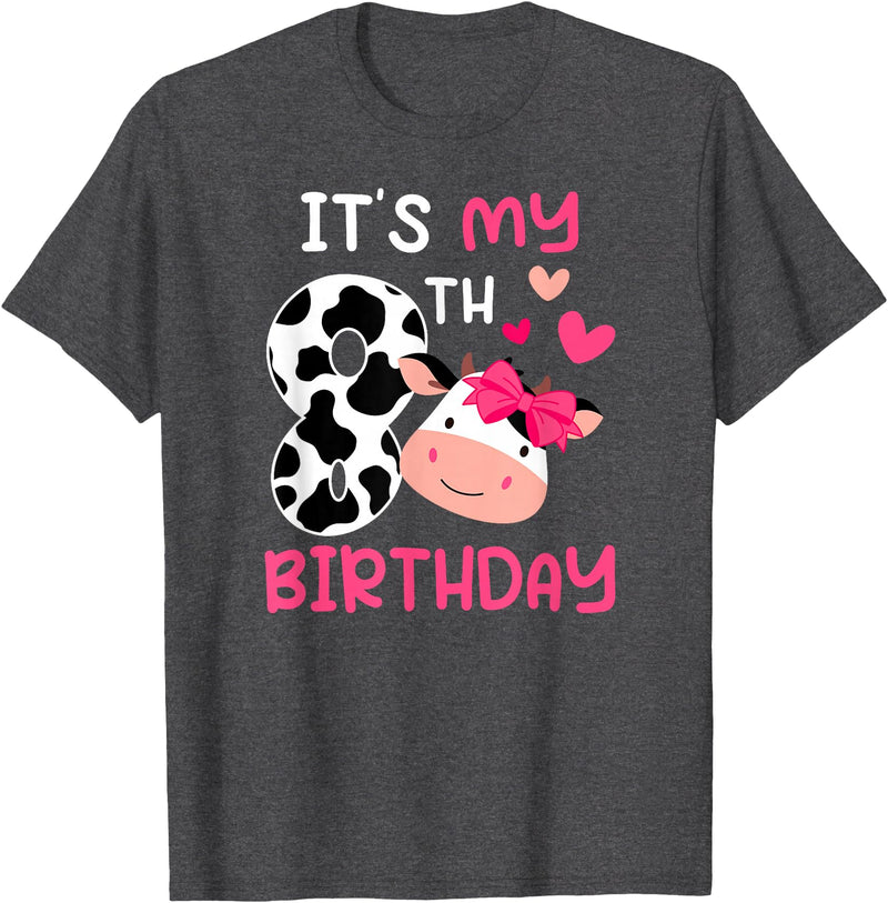 Eight Year Old Cow Eighth Birthday Cows 8th Cow Birthday 8 Year Old Girl Cow Birthday Party T-Shirt - Dark Heather Grey