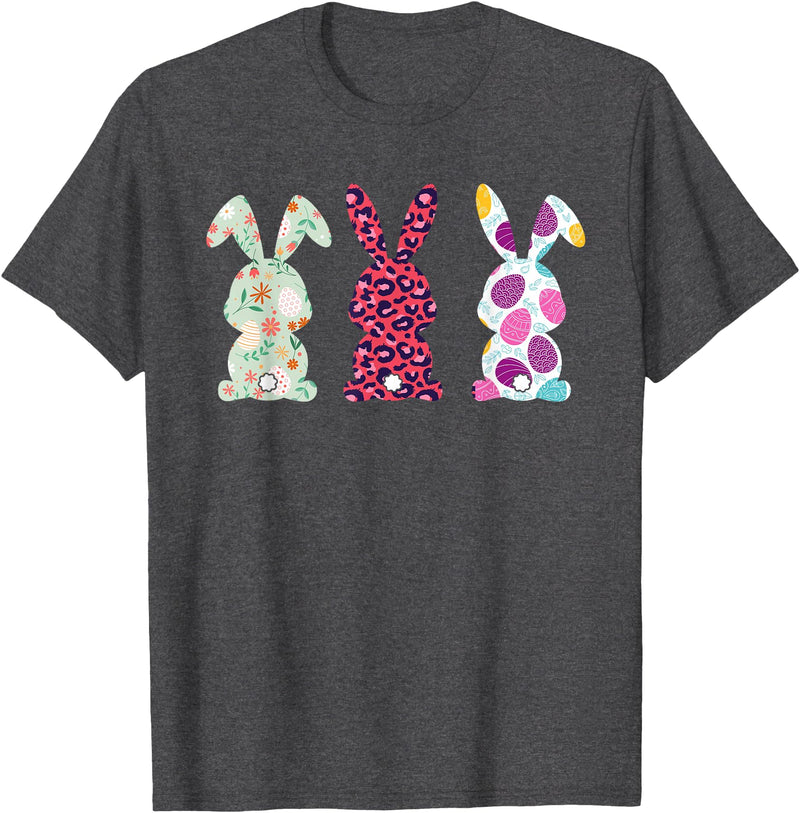 Cute Pink Leopard Eggs Flower Happy Easter Bunny Rabbit T-Shirt in Dark Heather Grey