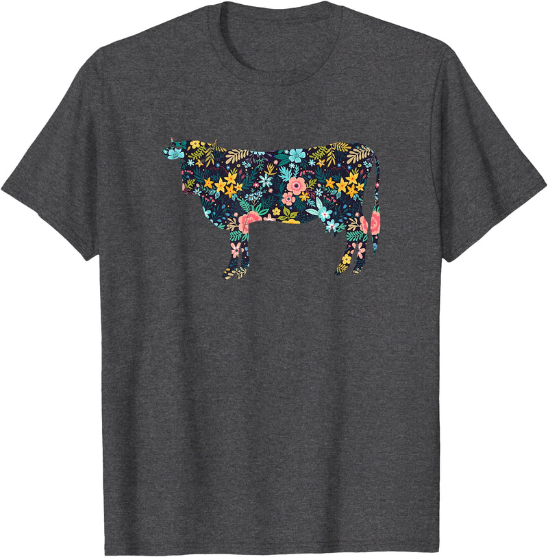 Cow Floral Silhouette Cattle Farm Lover Floral Cow Silhouette Womens Girls Cow Farm Animal T-Shirt - Dark Heather Grey