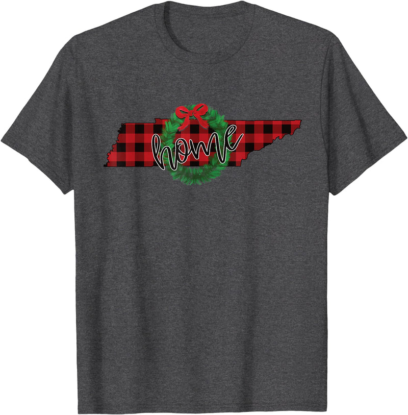 USA State Tennessee Christmas Buffalo Plaid Tennessee Buffalo Plaid Christmas Home Wreath Retro T-Shirt - Dark Heather Grey