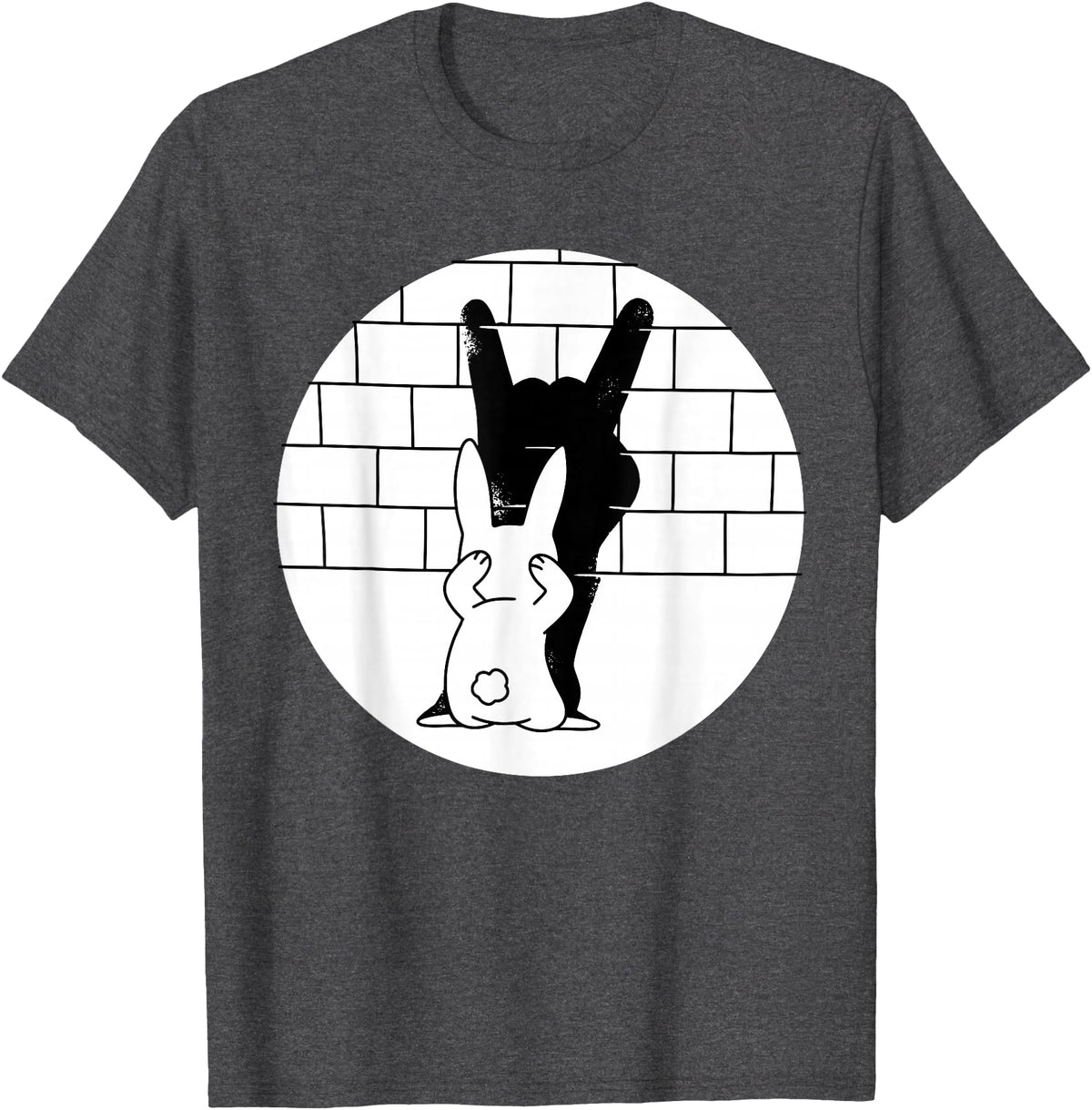 Funny Rabbit Bunny Animal Shadow Puppet T-Shirt in Dark Heather Grey