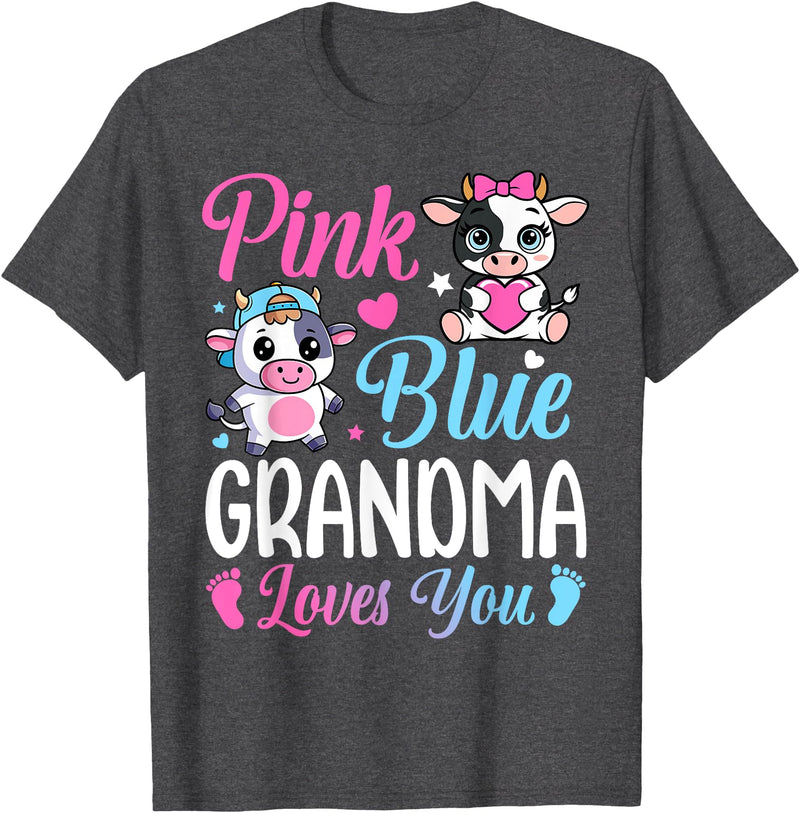 Cow Baby Shower Announcement Family Matching Tees Pink Or Blue Grandma Loves You Cow Gender Reveal Family T-Shirt - Dark