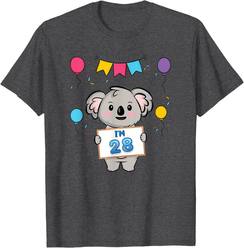 28th Koala Bear Birthday Party TShirt Co. I'm 28 Cute Koala Holding 28 Years Old 28th Birthday Outfit T-Shirt - Dark Heather Grey