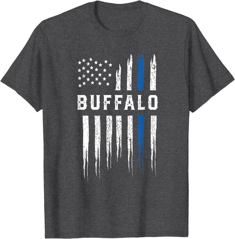 NYC Policeman American Flag Policewoman Thin Blue Line Heart Buffalo Police Officer New York Cops T-Shirt - Dark Heather Grey
