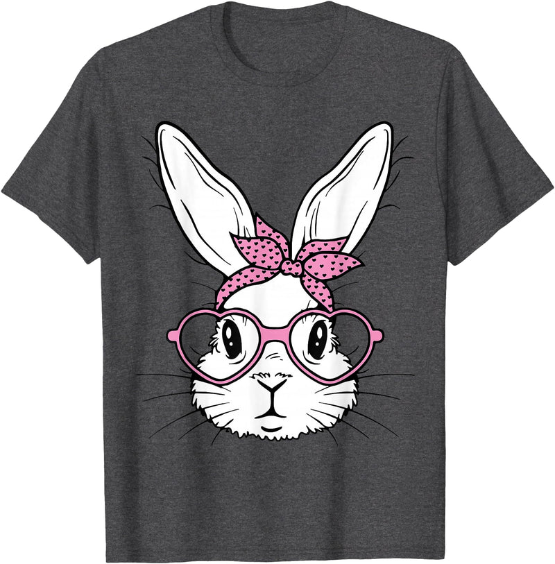 Cute Bunny Rabbit Face with Bandana Heart Glasses Easter Day T-Shirt in Dark Heather Grey