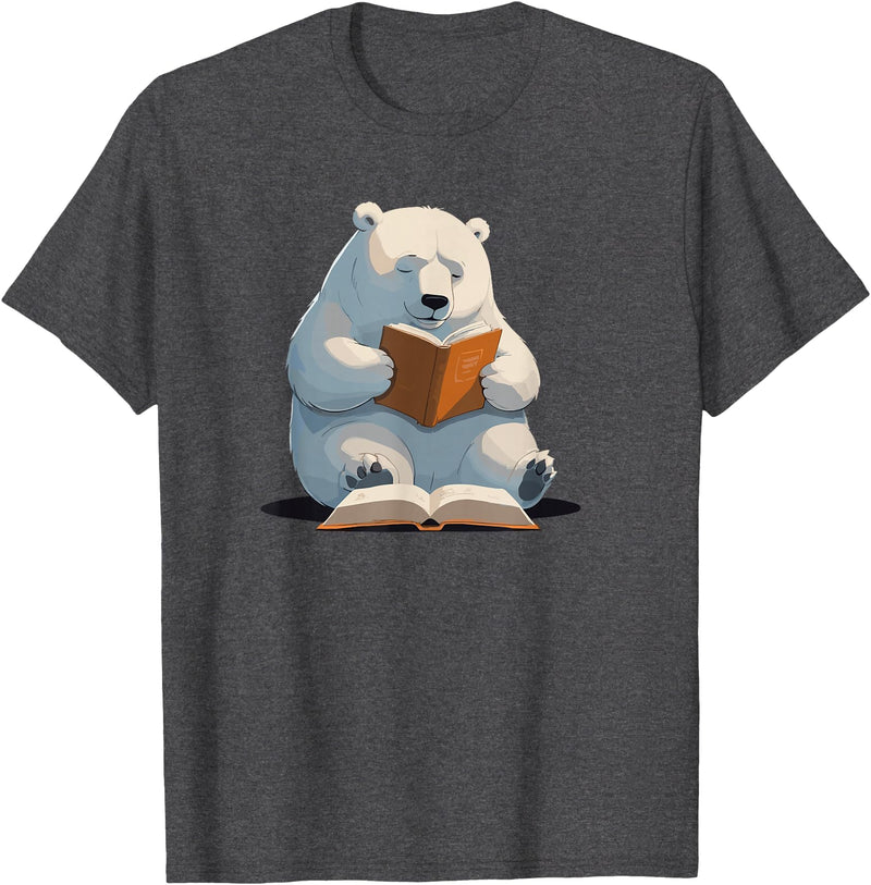 Book Lovers Polar Bear reading Books Cute Polar Bear is reading a Book, Reading Polar Bear T-Shirt - Dark Heather Grey
