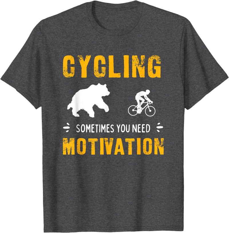 Cycling Needs Motivation - Bear Chasing Cyclist - Funny T-Shirt - Dark Heather Grey