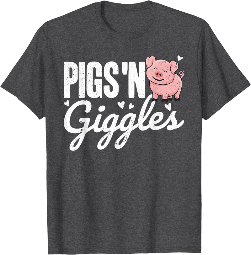 The Cute Pig Farming Apparel Co. Pigs 'n Giggles Funny Farm Pig Farmer Pigs Women Girls T-Shirt - Dark Heather Grey