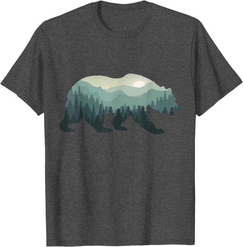 Outdoors Gift Ideas Camping Stuff Men Graphic Tees Misty Forest Bear Silhouette Wildlife Nature Lover T-Shirt - Dark Heather Grey