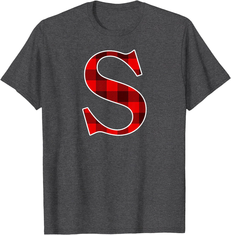 Buffalo Plaid Forever Buffalo Plaid Monogram Letter S Matching Holiday T-Shirt - Dark Heather Grey