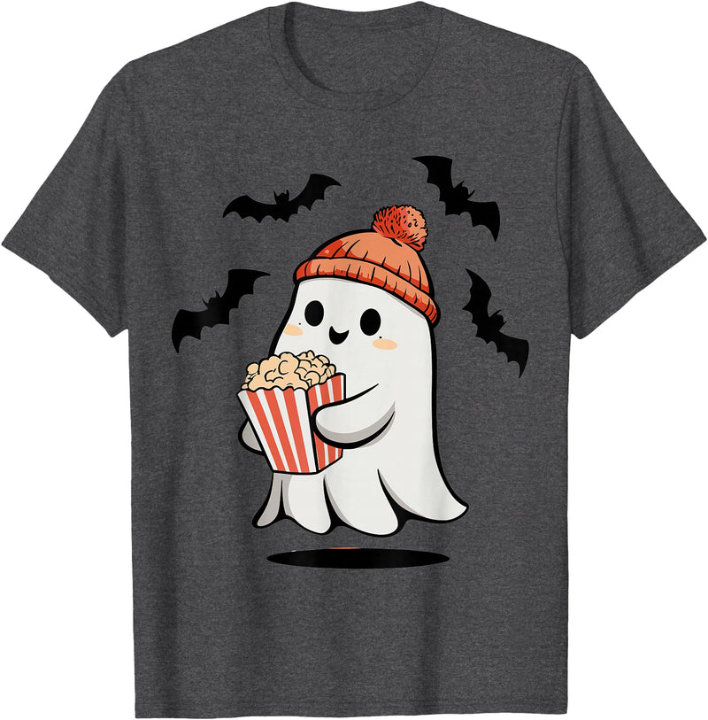 Ghost Pop Corn Halloween Funny Ghost Eating Pop Corn Lovers Spooky Halloween T-Shirt - Dark Heather Grey
