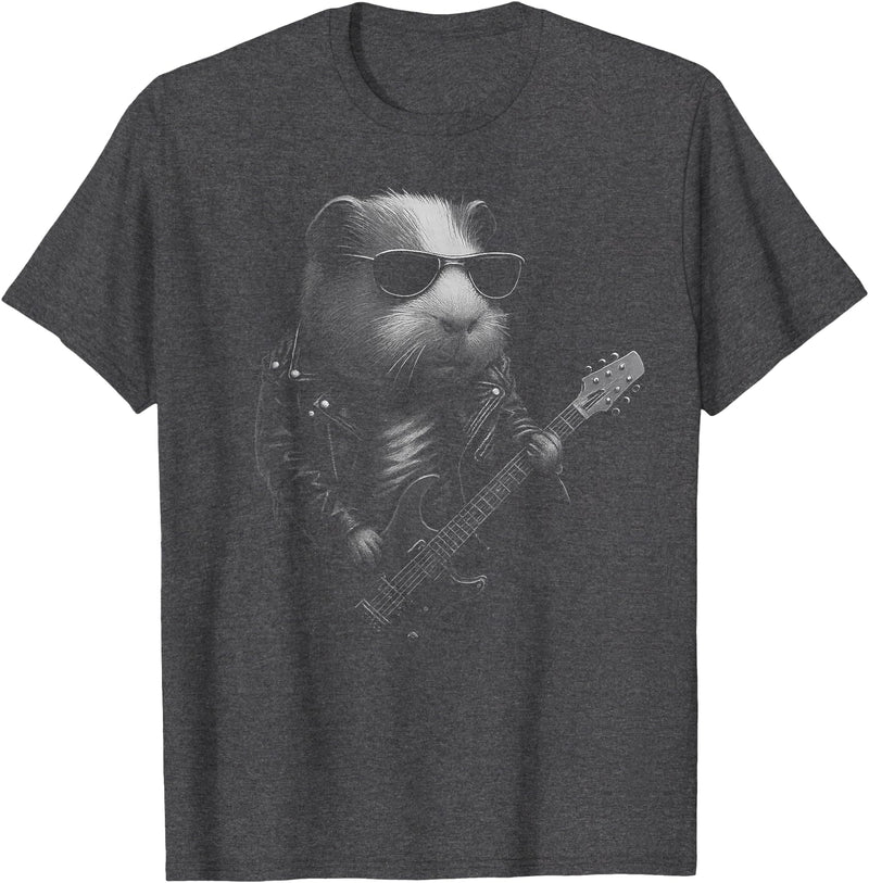 Funny Cavy Rock And Roll Pet Designs Guinea Pig Playing Guitar Rock Music Pet Lover T-Shirt - Dark Heather Grey