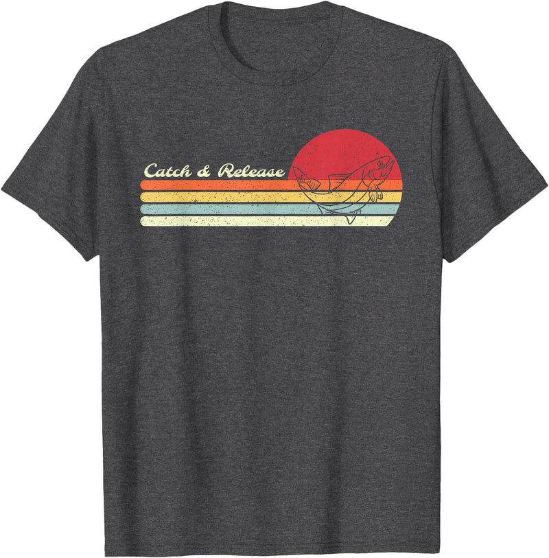 Retro Sunset Brook Trout Salmon Fisherman Designs Angler Catch & Release Trout Fly Fishing Vintage Distressed T-Shirt - Dark Heather Grey