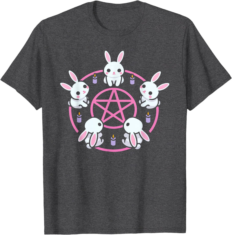 Bunny Rabbit Pentacle Pentagram Pink Pastel Goth Dark Humor T-Shirt in Dark Heather Grey