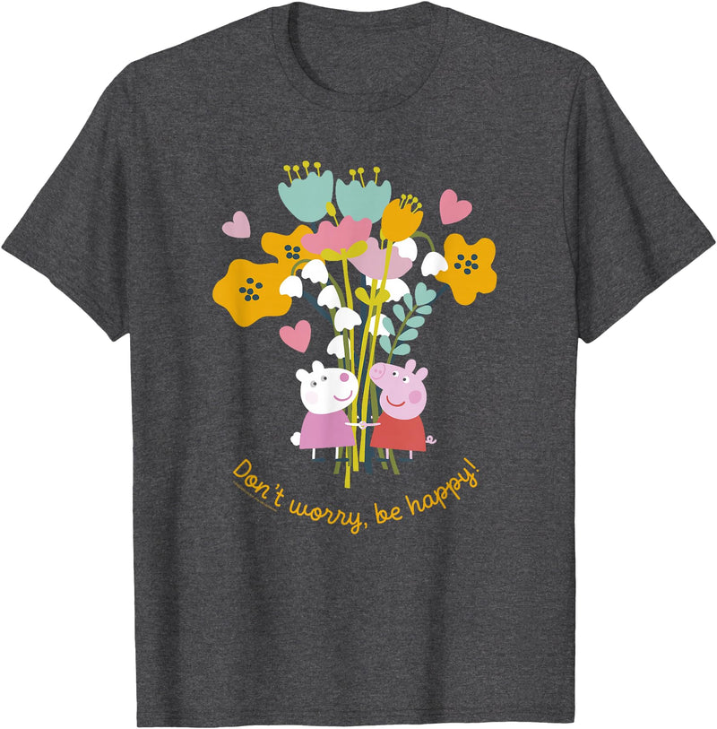 Peppa Pig Don't Worry Be Happy Floral Logo T-Shirt - Dark Heather Grey